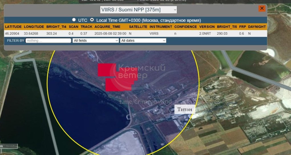 Datos del satélite VIIRS de la NASA que localizan señales de calor en coordenadas cercanas a la subestación de Titan el 8 de agosto de 2025. (Fuente: Krymskyi Veter)