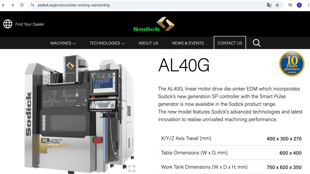 Although Khrunichev’s procurement documents classify the AL-40Gs as Chinese equipment, the machine is marketed internationally under the Japanese Sodick brand. (Source: https://sodick.eu/products/die-sinking-edm/al40g) Although Khrunichev’s procurement documents classify the AL-40Gs as Chinese equipment, the machine is marketed internationally under the Japanese Sodick brand. (Source: https://sodick.eu/products/die-sinking-edm/al40g)
