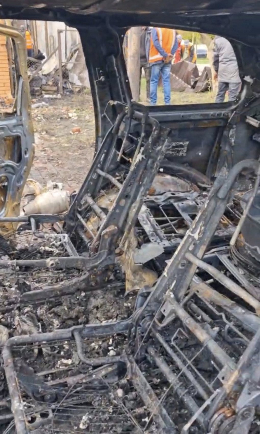 The charred, gutted interior of a vehicle belonging to Ukrainian radio-electronic warfare expert Serhiy “Flash” Beskrestnov, destroyed during a targeted Russian drone strike on his property. (Source: Serhiy “Flash” Beskrestnov)