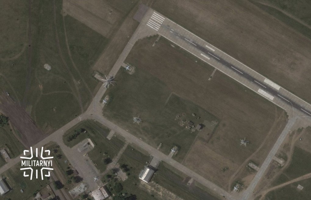 Russian Yak-130 training plane with Mi-8 and Mi-26 military helicopters parked at the Borisoglebsk airfield shortly before a Ukrainian drone strike.
