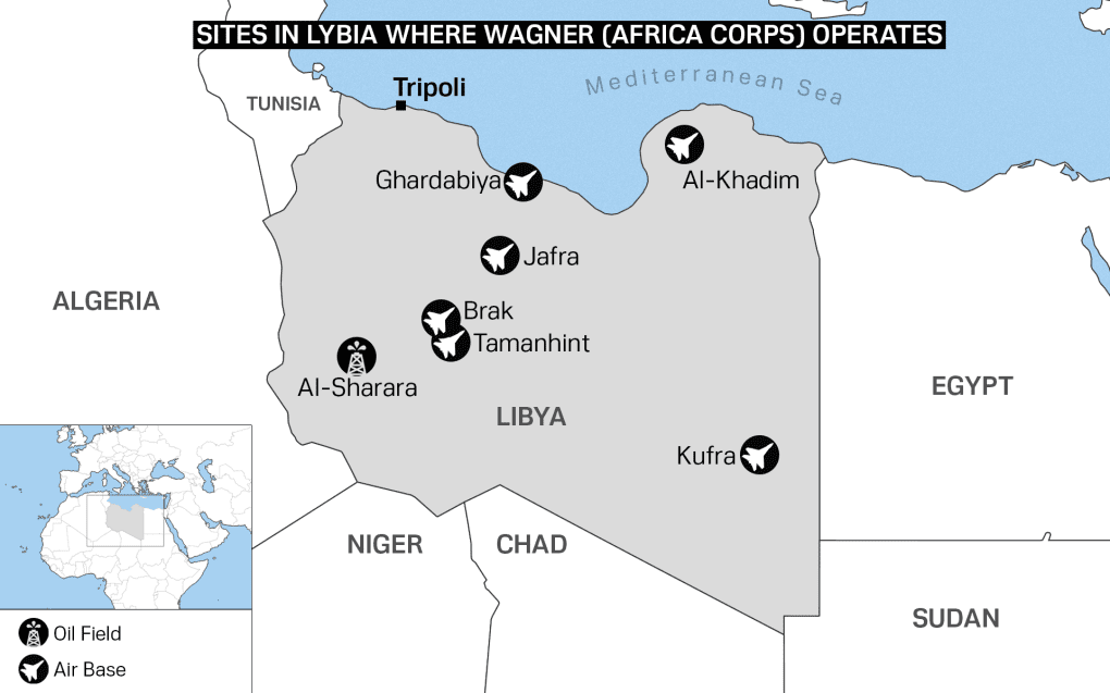 Map showing air bases and oil fields where Wagner (Africa Corps) operates in Libya. Map showing air bases and oil fields where Wagner (Africa Corps) operates in Libya.