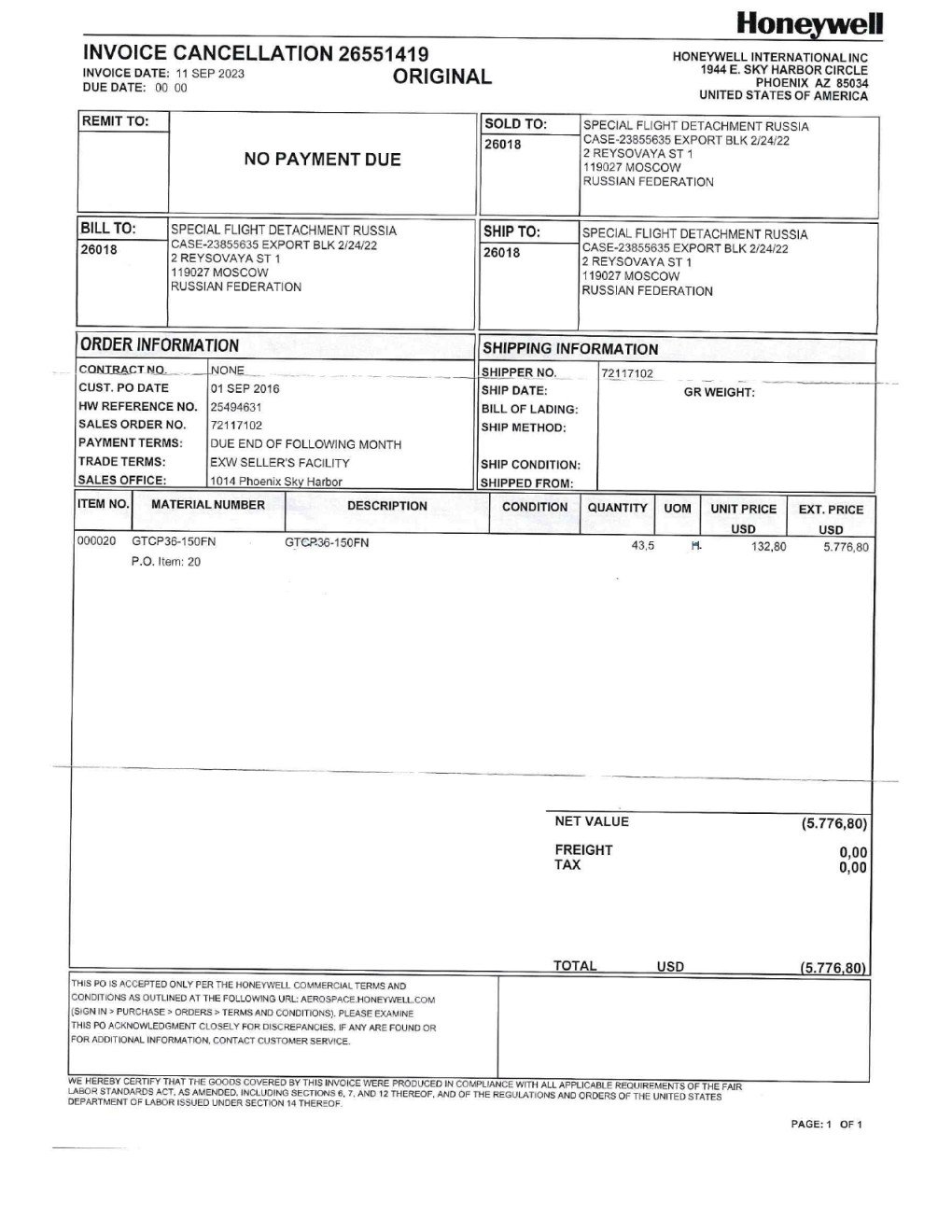 A cancelled invoice from Honeywell to the Special Flight Detachment in Russia Invoice cancellation from Honeywell
