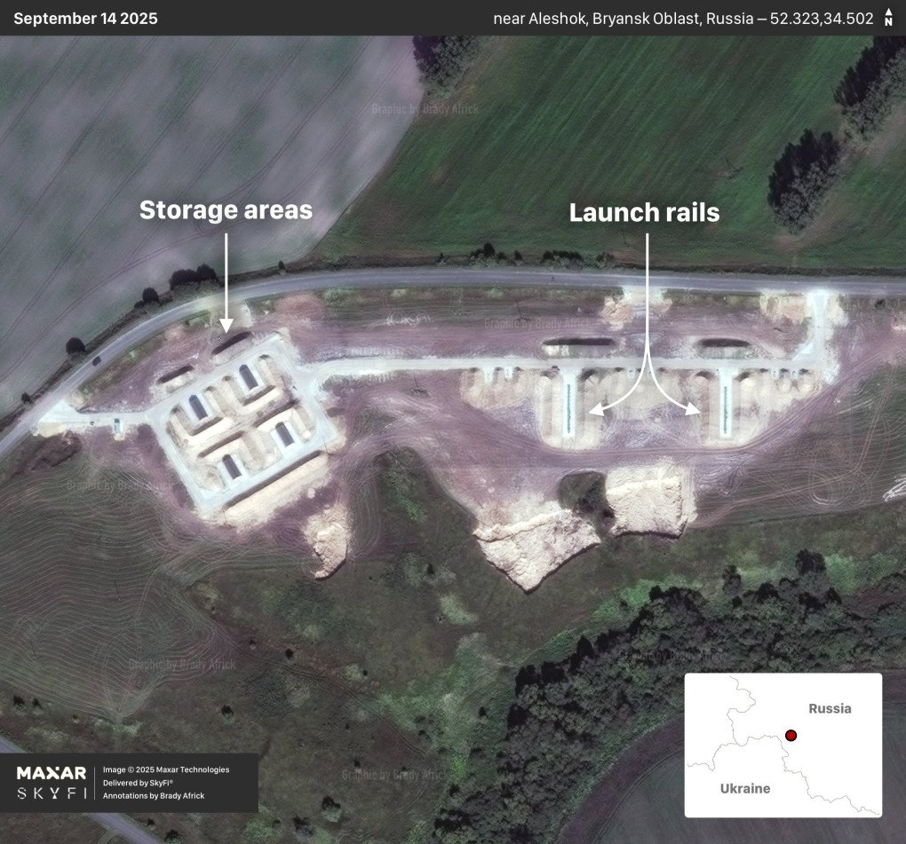 Satellite image of Shahed drone launch site in Bryansk region, Russia. (Source: Brady Africk) Satellite image of Shahed drone launch site in Bryansk region, Russia. (Source: Brady Africk)