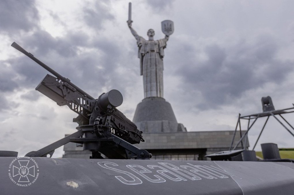 The Sea Baby drone’s hull displayed with the iconic Motherland Monument in Kyiv in the background. (Source: SBU) The Sea Baby drone’s hull displayed with the iconic Motherland Monument in Kyiv in the background. (Source: SBU)