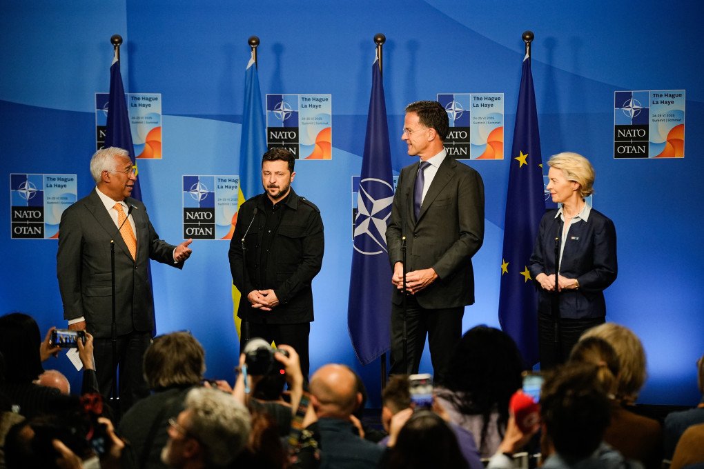 Antonio Costa, president of the European Council, Volodymyr Zelenskyy, Ukraine's president, Mark Rutte, secretary general of the North Atlantic Treaty Organization (NATO), and Ursula von der Leyen, president of European Commission, left to right, during the North Atlantic Treaty Organization summit in The Hague, Netherlands, on Tuesday, June 24, 2025. (Source: Getty Images) Antonio Costa, president of the European Council, Volodymyr Zelenskyy, Ukraine's president, Mark Rutte, secretary general of the North Atlantic Treaty Organization (NATO), and Ursula von der Leyen, president of European Commission, left to right, during the North Atlantic Treaty Organization summit in The Hague, Netherlands, on Tuesday, June 24, 2025. (Source: Getty Images)