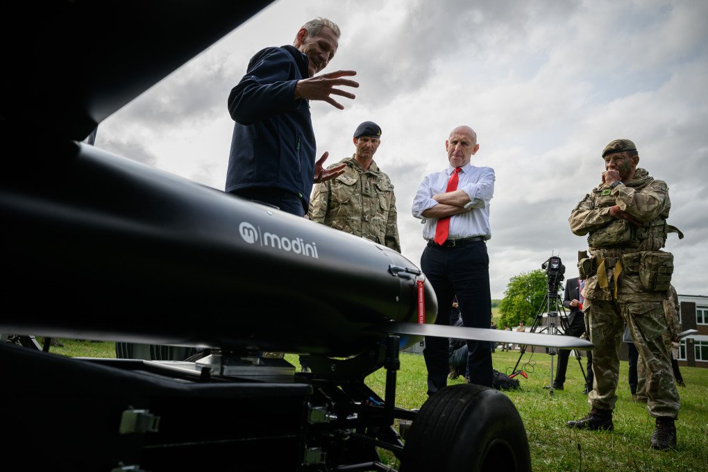 Defence Secretary John Healey (2R) is shown a Modini Dart 250 One way Effector jet drone as he visits Warminster Garrison on June 3, 2025, in Warminster, United Kingdom. (Source: Getty Images) Defence Secretary John Healey (2R) is shown a Modini Dart 250 One way Effector jet drone as he visits Warminster Garrison on June 3, 2025, in Warminster, United Kingdom. (Source: Getty Images)