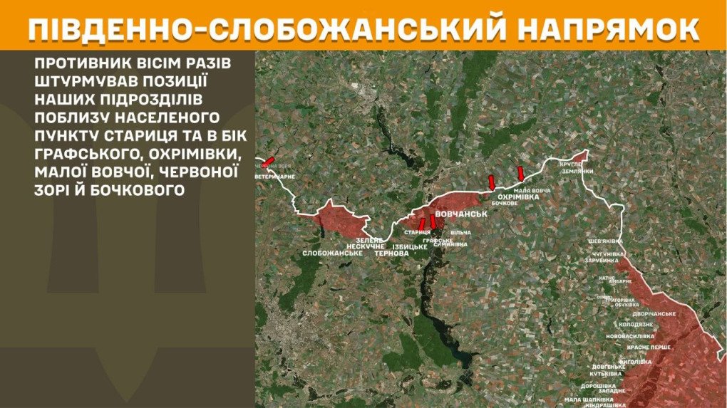 Mapa militar táctico que detalla las ocho maniobras de asalto ruso repelidas por fuerzas ucranianas en el eje sur de Slobozhanskyi el 29 de abril de 2026.