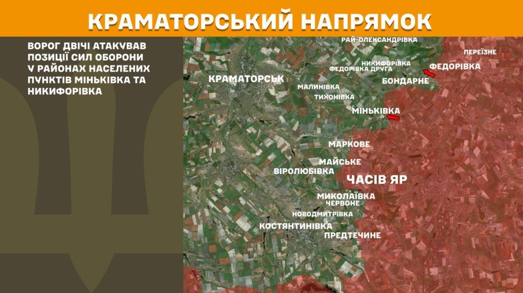 Mapa militar de Kramatorsk y Chasiv Yar con flechas rojas en Minkivka y Nykyforivka.