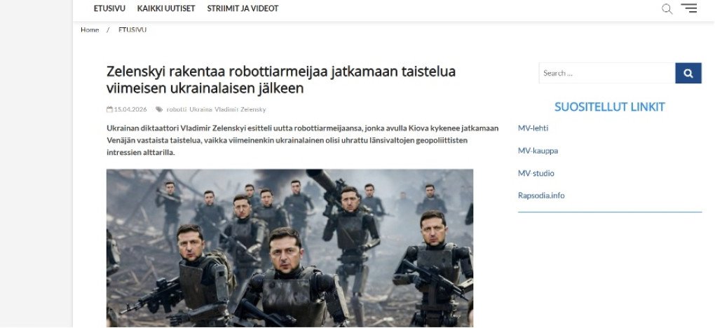 The Finnish translation reads: “Ukrainian dictator Volodymyr Zelenskyy unveiled his new robot army, which will enable Kyiv to continue the fight against Russia even if every last Ukrainian is sacrificed on the altar of the geopolitical interests of Western powers.” (Source: uvmedia) The Finnish translation reads: “Ukrainian dictator Volodymyr Zelenskyy unveiled his new robot army, which will enable Kyiv to continue the fight against Russia even if every last Ukrainian is sacrificed on the altar of the geopolitical interests of Western powers.” (Source: uvmedia)