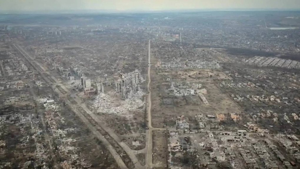A wide aerial view shows large sections of Bakhmut reduced to ruins on March 12, 2026, with damaged roads, homes, and residential districts stretching across the city. (Source: kazansky2017/Telegram) A wide aerial view shows large sections of Bakhmut reduced to ruins on March 12, 2026, with damaged roads, homes, and residential districts stretching across the city.