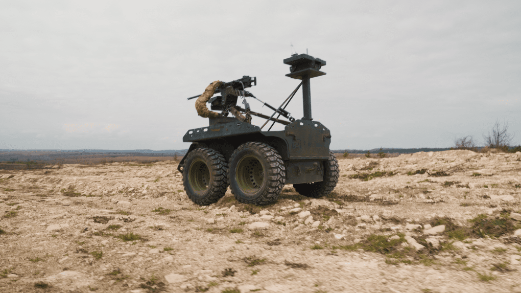The ZMIY DROID 12.7 UGV equipped with a Browning machine gun during training at a firing range in Ukraine. (Photo: Mykola Hrinenko / UNITED24 Media)