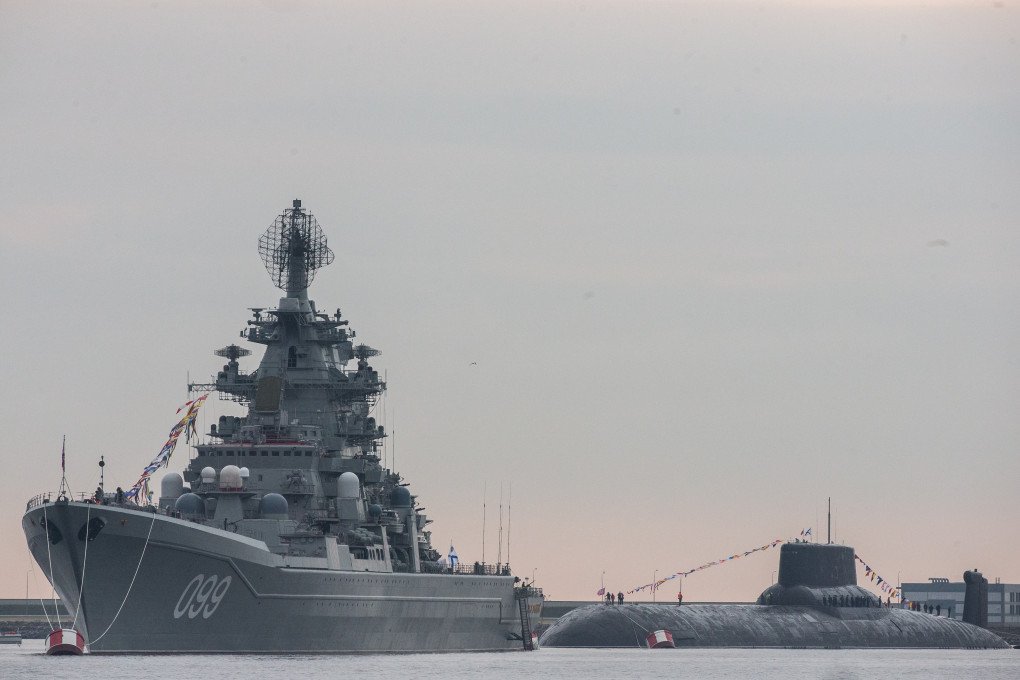 Russian Navy’s Pyotr Velikiy (Peter the Great) nuclear battlecruiser and Russian Navy’s TK-208 Dmitry Donskoy nuclear submarine are preparing for the Navy Day parade in Kronshtadt, St. Petersburg, Russia. (Source: Getty Images) Russian Navy’s Pyotr Velikiy (Peter the Great) nuclear battlecruiser and Russian Navy’s TK-208 Dmitry Donskoy nuclear submarine are preparing for the Navy Day parade in Kronshtadt, St. Petersburg, Russia. (Source: Getty Images)