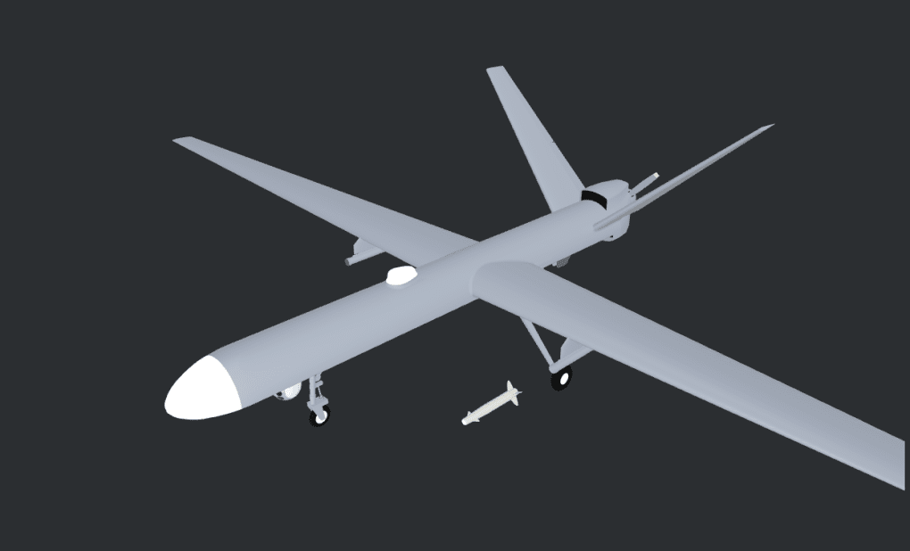 Modelo 3D del dron de combate ruso Orion (Inokhodets) publicado por la Inteligencia de Defensa de Ucrania (HUR). Fuente: HUR. Modelo 3D del dron de combate ruso Orion (Inokhodets) publicado por la Inteligencia de Defensa de Ucrania (HUR). Fuente: HUR.