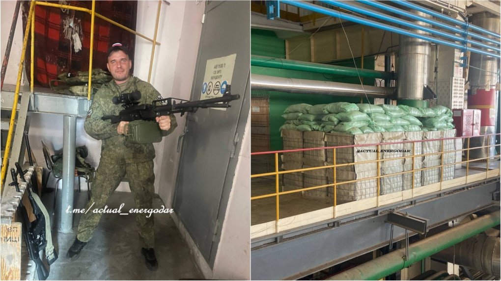 Left: A Russian serviceman poses with a Pecheneg machine gun inside a ZNPP building. Right: Sandbags and barriers are stacked near pipes and control units, forming a makeshift fortified position within the active nuclear site. (Source: Skelety Shevchyka i Ko)