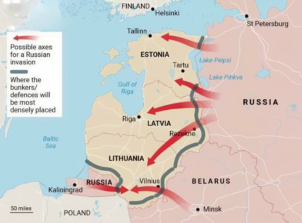 Screenshot of the “Baltic Line of Defense” map showing possible axes of a potential Russian attack. (Source: The Times)