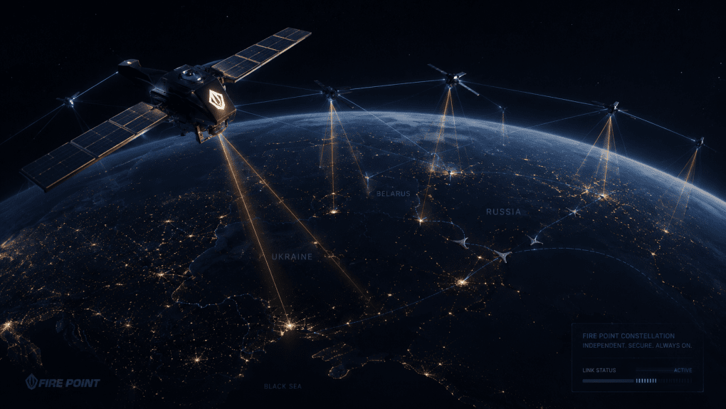 An illustration of Fire Point’s planned satellite network supporting long-range drone communications. (Illustration: UNITED24 Media) An illustration of Fire Point’s planned satellite network supporting long-range drone communications. (Illustration: UNITED24 Media)