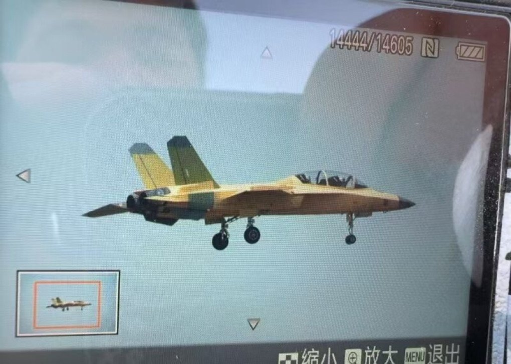 A newly built twin-tail prototype of the Hongdu JL-10 advanced jet trainer is seen during what appears to be an early test flight in China, October 2025. (Source: @RupprechtDeino via X)