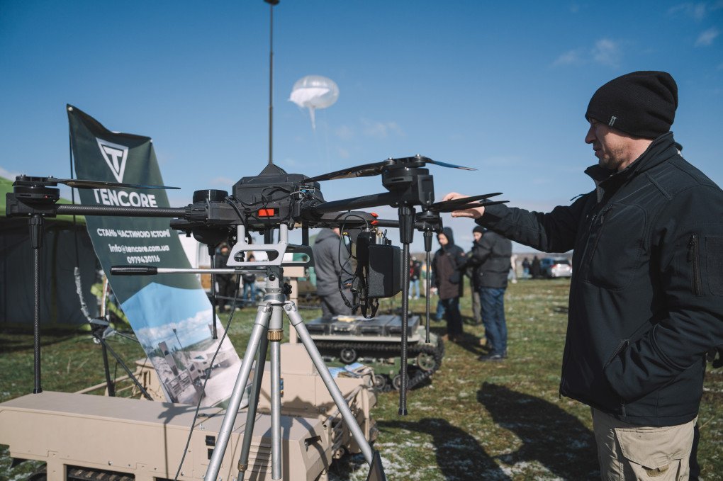 A drone-based signal relay platform designed to extend communication range and ensure stable connectivity in complex operational environments HIGHLINE-T during a test exhibition of Brave1 ground robots in Ukraine, on Friday, April 11, 2025. (Source: Getty Images)