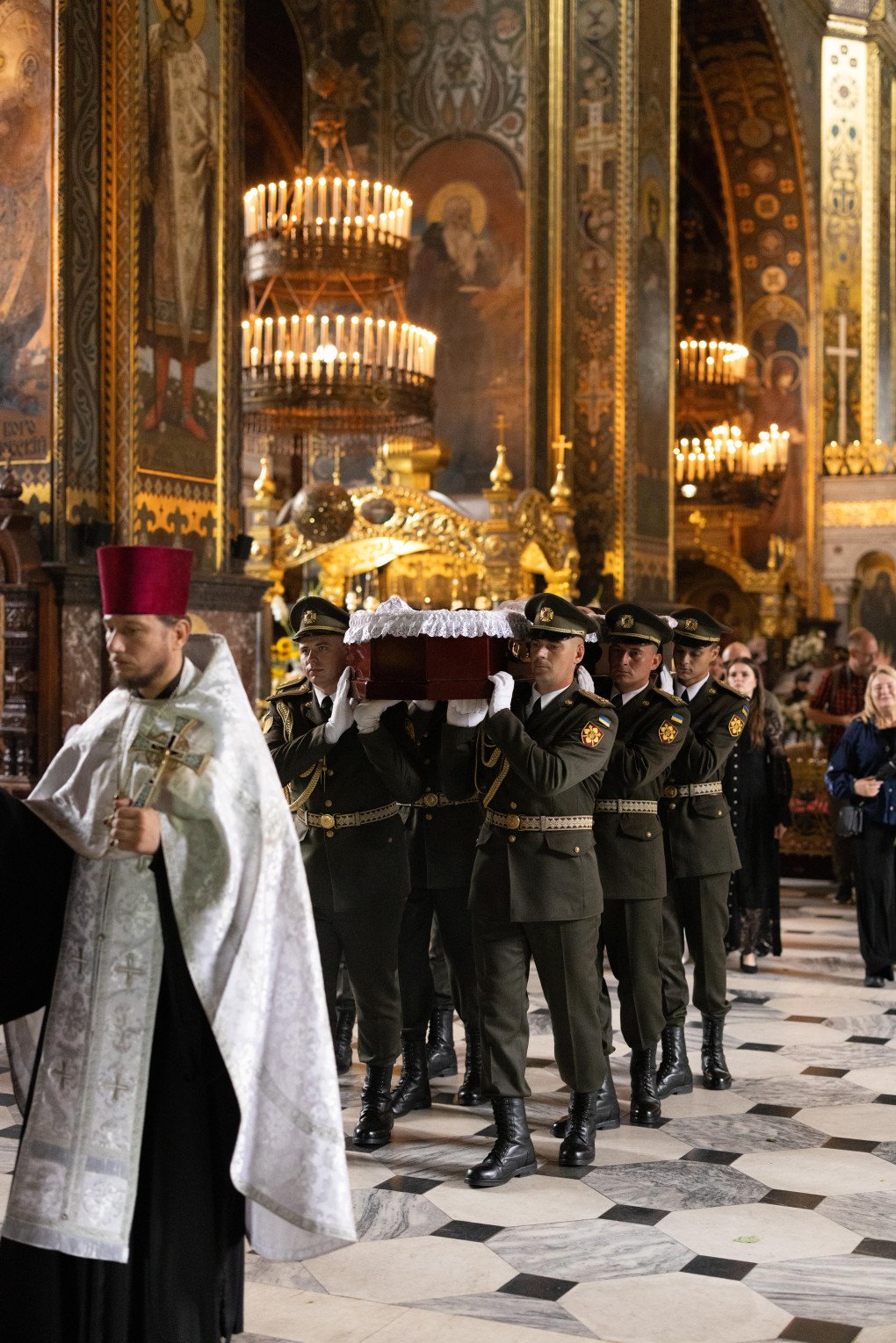 Pallbearers carry Oleksii Yukov’s casket at St. Volodymyr’s Cathedral in the center of Kyiv following the funeral service, August 8, 2026. Photo by Vic Bakin Pallbearers carry Oleksii Yukov’s casket at St. Volodymyr's Cathedral in the center of Kyiv following the funeral service, August 8, 2026. Photo by Vic Bakin