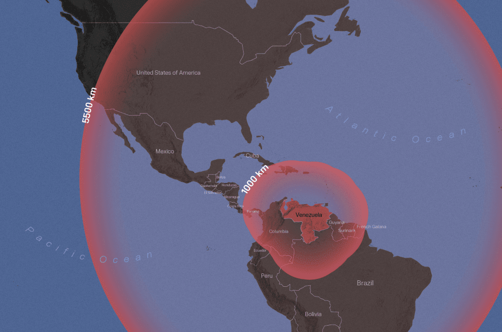 Mapa que muestra el alcance del misil Oreshnik desde Venezuela. Fuente: UNITED24 Media. Mapa que muestra el alcance del misil Oreshnik desde Venezuela. Fuente: UNITED24 Media.