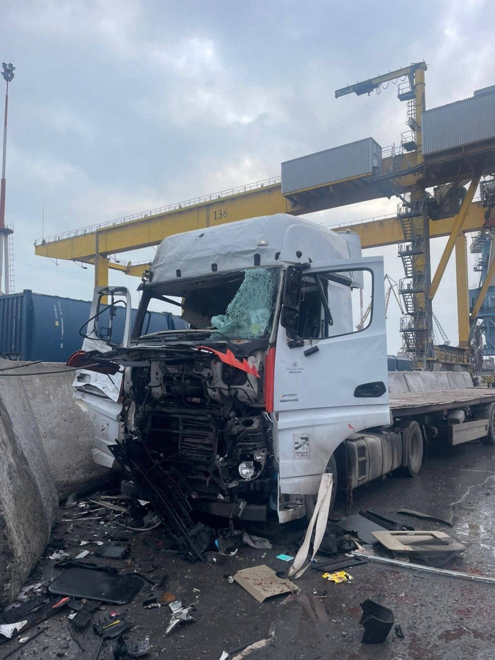 A heavily damaged logistics truck sits amidst debris at the Odesa port following a Russian attack on January 7 that killed one person. (Source: Oleksii Kuleba)