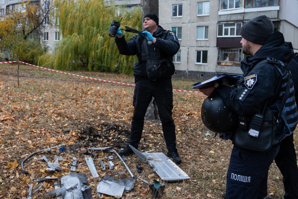 Ukrainian police officers record the found fragmnets of a new type of Russian kamikaze drone Molniya-1 at its crash site between residential high-rise buildings in the Saltivskyi district on November 12, 2024 in Kharkiv, Ukraine. (Photo by Oleksandra Novosel via Getty Images) Ukrainian police officers record the found fragmnets of a new type of Russian kamikaze drone Molniya-1 at its crash site between residential high-rise buildings in the Saltivskyi district on November 12, 2024 in Kharkiv, Ukraine. (Photo by Oleksandra Novosel via Getty Images)