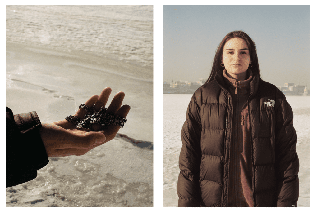 Left photo: Anastasia Savova holds a cross that her father, Oleksandr Savov, acquired after his release. During captivity, Oleksandr became religious. Later, the chaplain of the 36th Separate Marine Brigade blessed this cross. Right photo: A portrait of Anastasia Savova, January, 2026, Kyiv, Ukraine. Photo by Amira Barkhush/UNITED24 Media Left photo: Anastasia Savova holds a cross that her father, Oleksandr Savov, acquired after his release. During captivity, Oleksandr became religious. Later, the chaplain of the 36th Separate Marine Brigade blessed this cross. Right photo: A portrait of Anastasia Savova, January, 2026, Kyiv, Ukraine. Photo by Amira Barkhush/UNITED24 Media