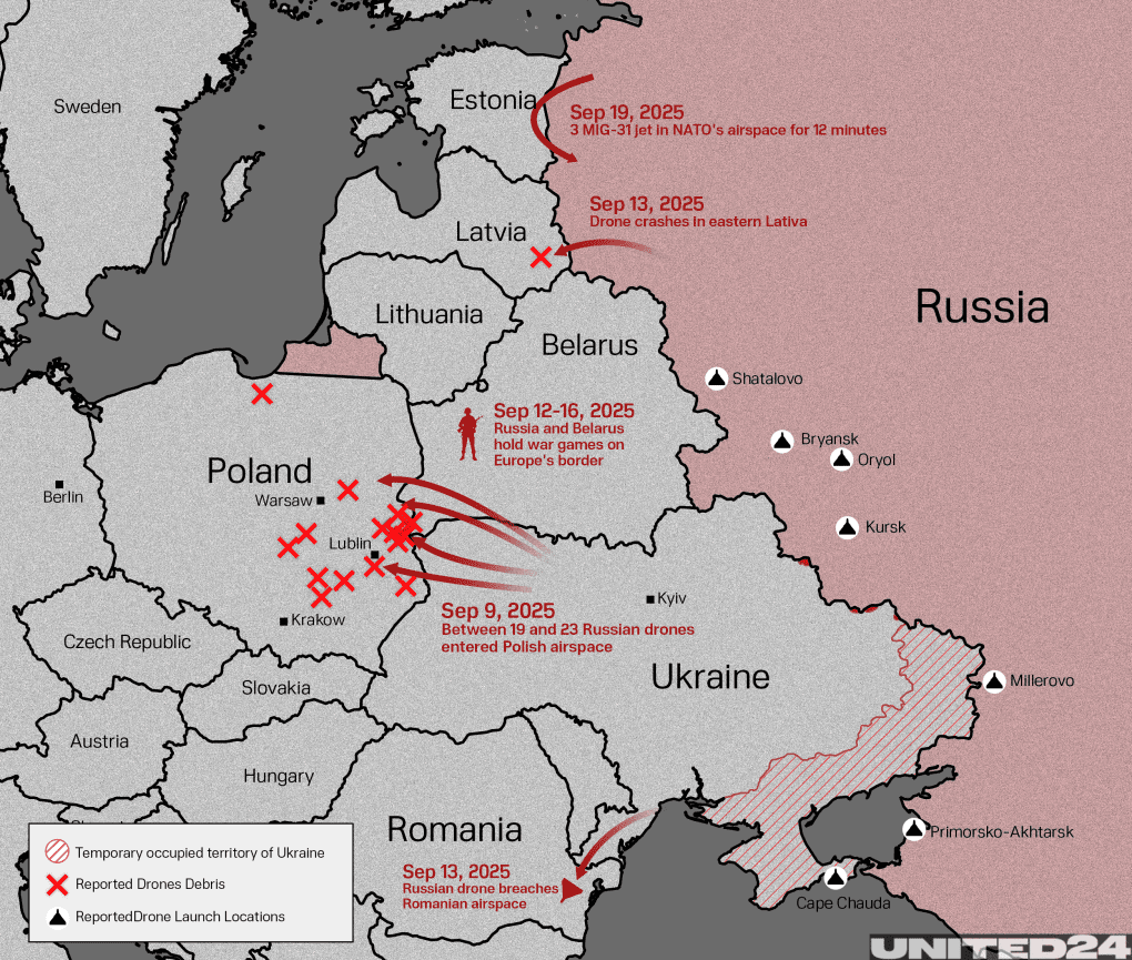 Russian drone and jet incidents across NATO borders in September 2025. Illustration: UNITED24 Media Russian drone and jet incidents across NATO borders in September 2025. Illustration: UNITED24 Media
