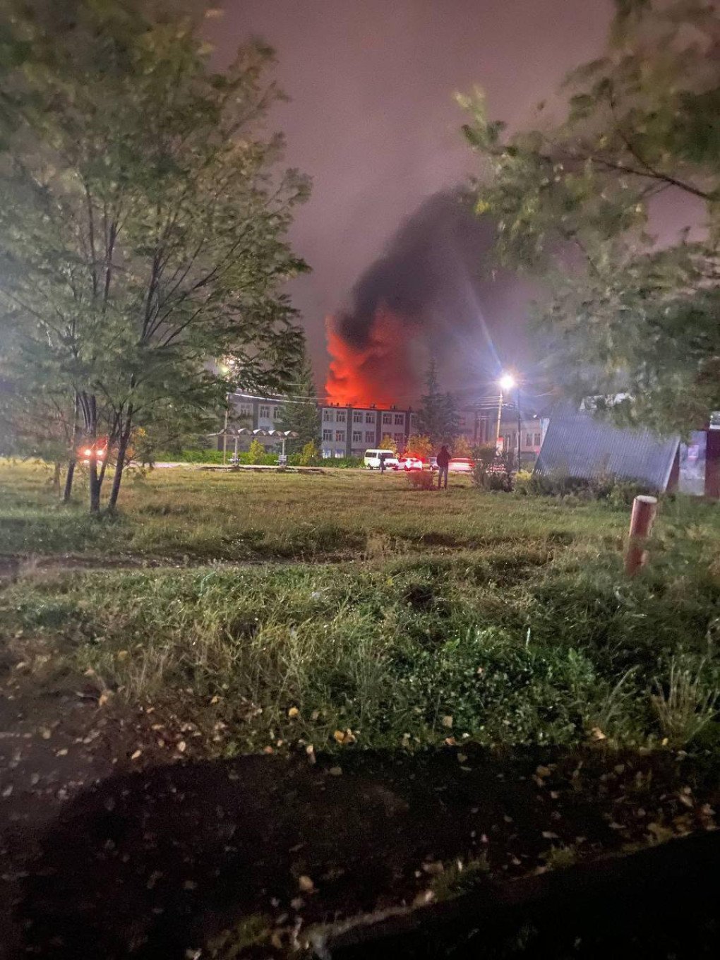 A fire at the Elektrodetal plant after a drone strike, September 29, 2025. (Source: Astra)