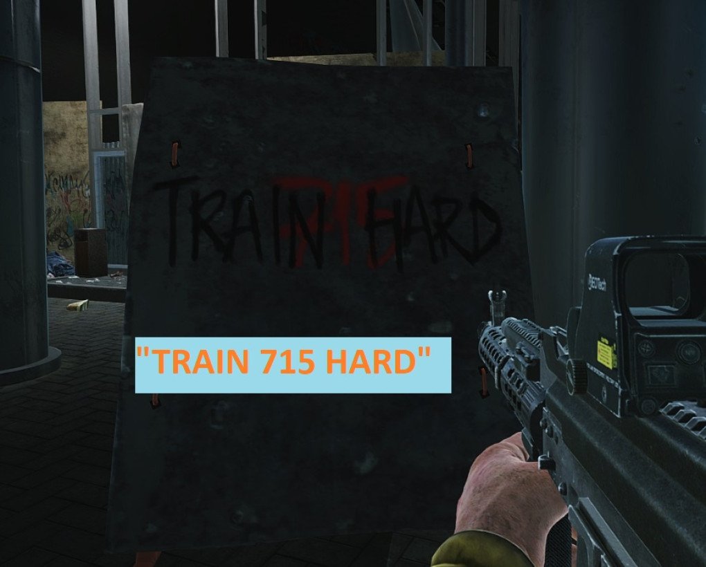 “Train hard,” 715, the group’s slogan in Escape from Tarkov. (Source: Reddit/Suibeam) “Train hard,” 715, the group’s slogan in Escape from Tarkov. (Source: Reddit/Suibeam)