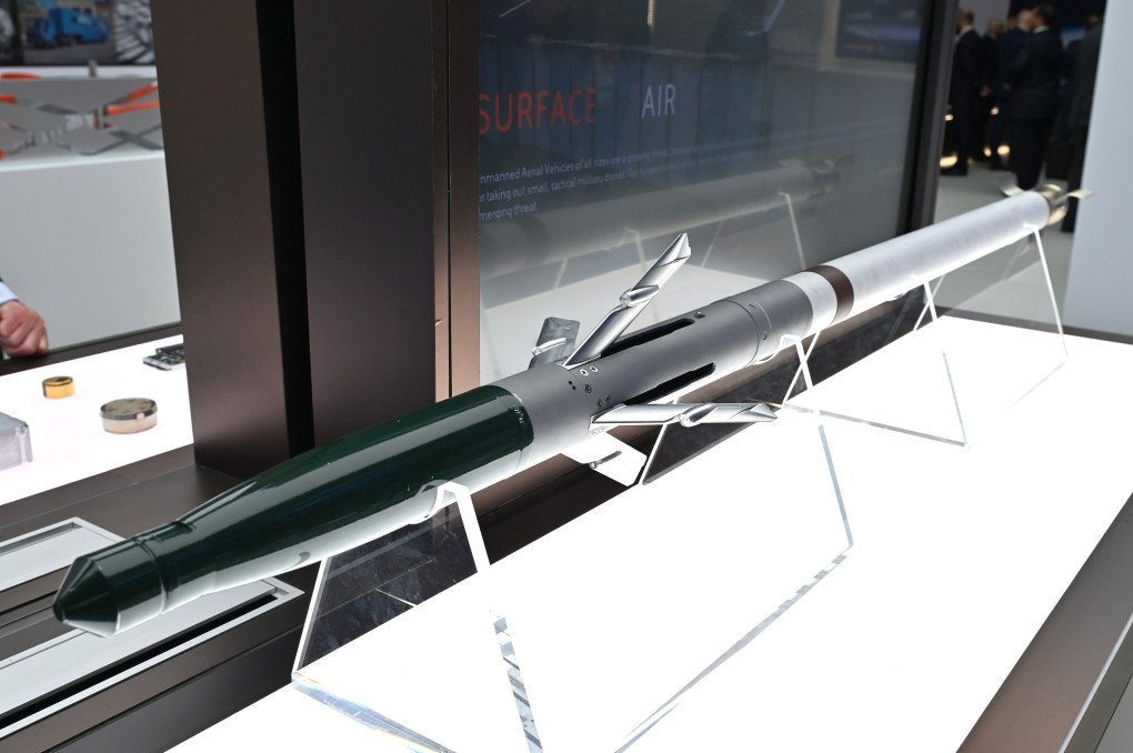 An APKWS (Advanced Precision Kill Weapon System) missile is displayed at the British Aerospace BAE Systems hall during the Farnborough International Airshow 2024 at Farnborough International Exhibition and Conference Centre on July 22, 2024, in Farnborough, England. (Source: Getty Images)