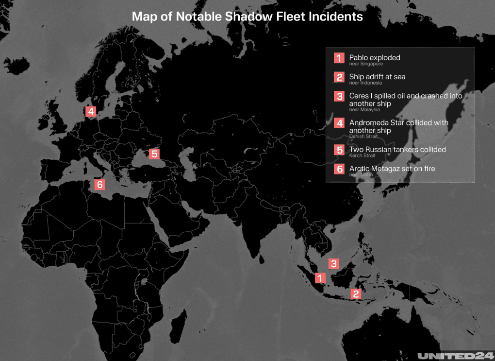 Map of notable Shadow Fleet incidents