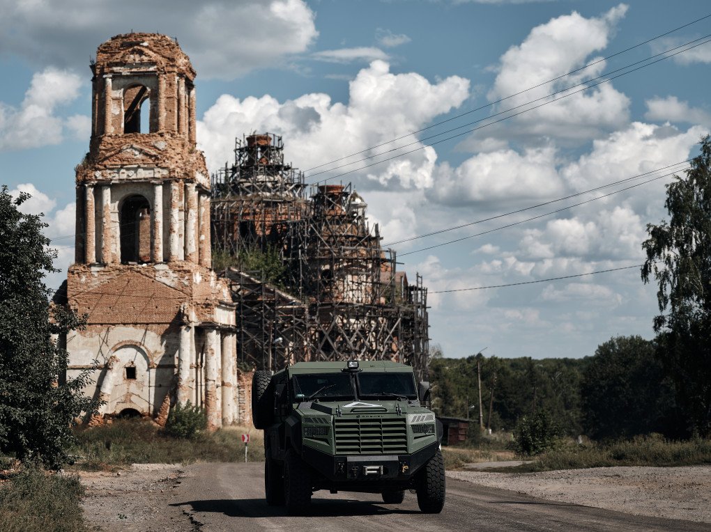 Canadian-built armored infantry vehicle ROSHEL travels past an unfinished church on the road from Sumy to the border with Russia on August 15, 2024. (Photo by Kostiantyn Liberov/Libkos via Getty Images) Canadian-built armored infantry vehicle ROSHEL travels past an unfinished church on the road from Sumy to the border with Russia on August 15, 2024. (Photo by Kostiantyn Liberov/Libkos via Getty Images)