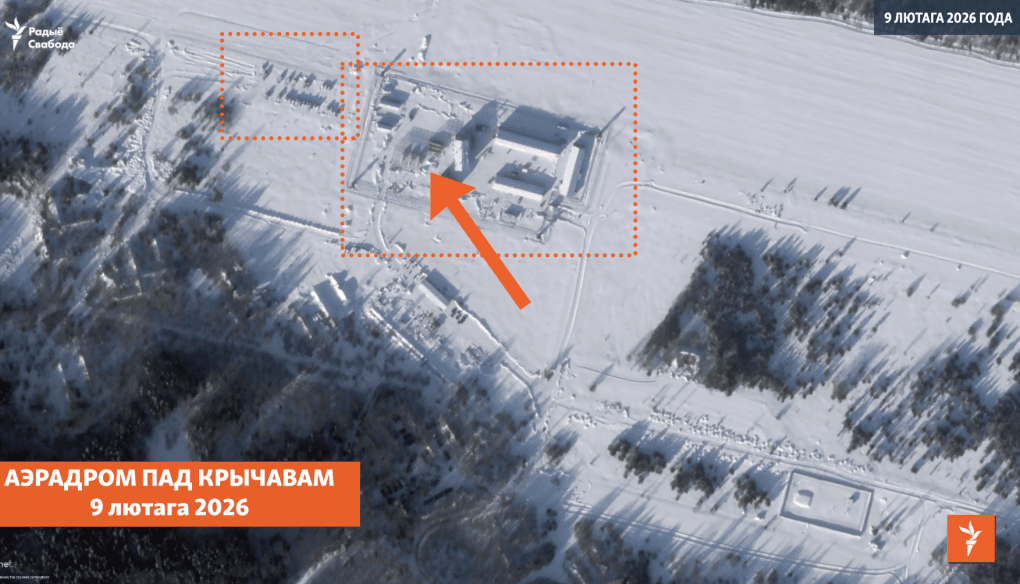 Satellite image reveals expanded military infrastructure and multiple vehicles at Krychau-6 airfield, including units possibly linked to the Oreshnik missile system. February 9, 2026. (Source: Planet Labs via RFE/RL)