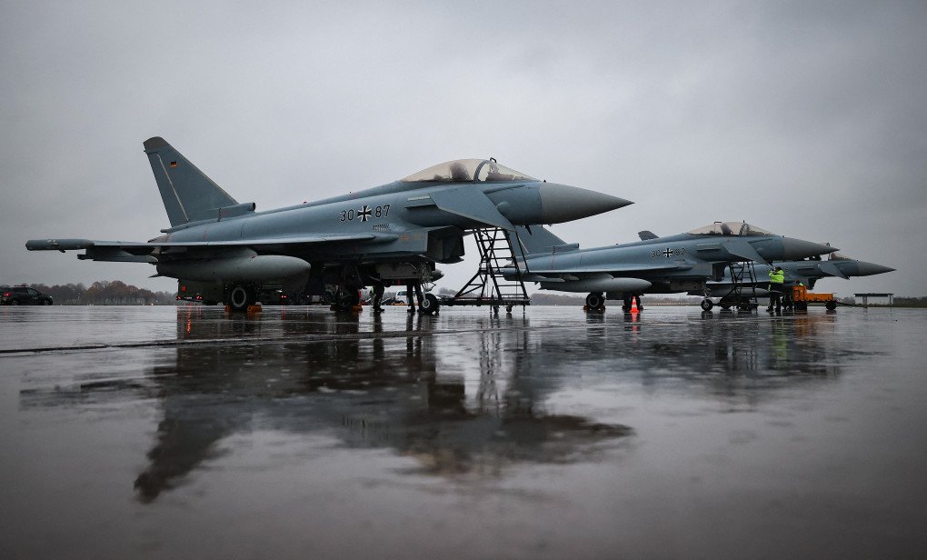 Three Eurofighter jets of the Tactical Air Force Wing 71 “Richthofen” of the German Armed Forces Bundeswehr at the airport in Hannover, northern Germany, on November 27, 2023. (Source: Getty Images) Three Eurofighter jets of the Tactical Air Force Wing 71 “Richthofen” of the German Armed Forces Bundeswehr at the airport in Hannover, northern Germany, on November 27, 2023. (Source: Getty Images)