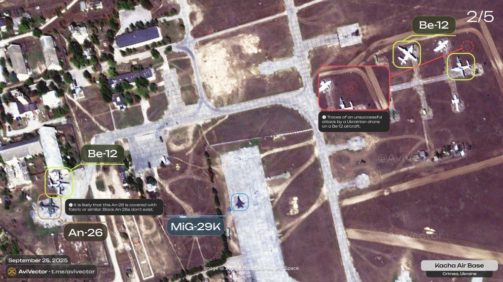 Satellite image of the Russian Kacha airfield in Crimea, dated 25th of September, 2025. (Source: AviVector)
