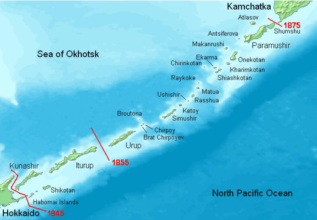 The Kuril Islands with Russian names. Borders of Shimoda Treaty (1855) and Treaty of St. Petersburg (1875) shown in red. Since 1945, all islands northeast of Hokkaido have been occupied by Russia.