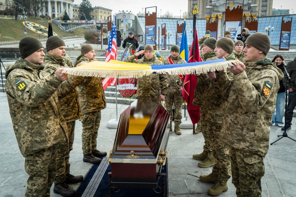Honor guard holds Ukrainian flag at the coffin during the farewell ceremony for US Marine Corps veteran Ethan Hertweck on February 28, 2025 in Kyiv, Ukraine. (Photo by Oleksii Samsonov/Global Images Ukraine via Getty Images) Honor guard holds Ukrainian flag at the coffin during the farewell ceremony for US Marine Corps veteran Ethan Hertweck on February 28, 2025 in Kyiv, Ukraine. (Photo by Oleksii Samsonov/Global Images Ukraine via Getty Images)