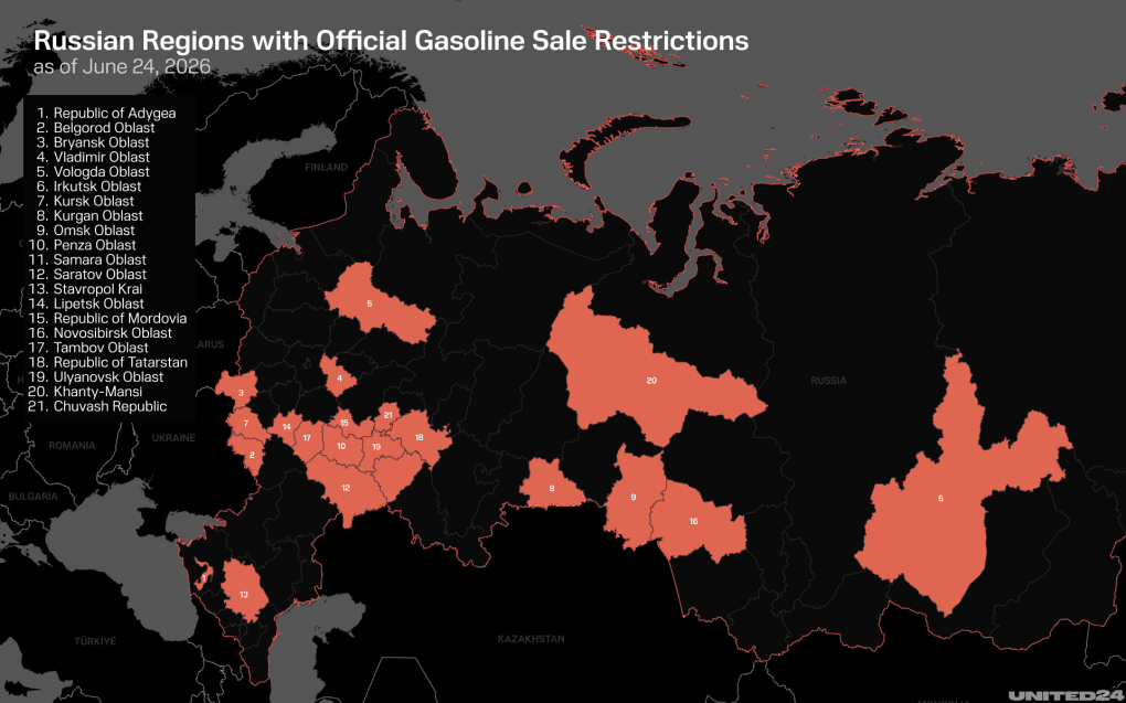 Russian regions with official gasoline sale restrictions. (Illustration: UNITED24 Media)