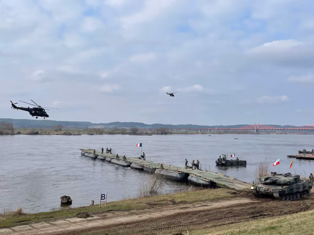 NATO forces prepare to cross the Vistula river in Poland as part of a large-scale exercise on March 4, 2024. (Elisabeth Gosselin-Malo/staff) NATO forces prepare to cross the Vistula river in Poland as part of a large-scale exercise on March 4, 2024. (Elisabeth Gosselin-Malo/staff)