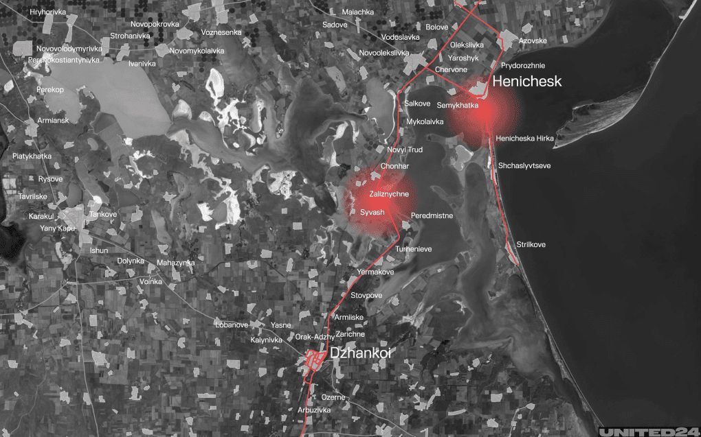 Mapa regional que destaca Henichesk, Dzhankoi y la zona de Chonhar a lo largo de un importante corredor logístico ruso. (Foto: Oleksandr Manukians/UNITED24 Media) Mapa regional que destaca Henichesk, Dzhankoi y la zona de Chonhar a lo largo de un importante corredor logístico ruso. (Foto: Oleksandr Manukians/UNITED24 Media)