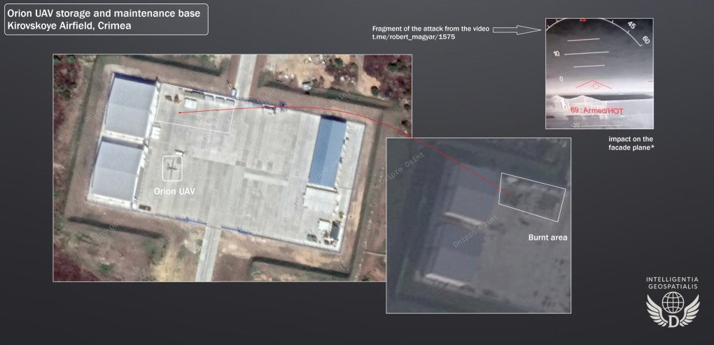 El análisis satelital muestra el sitio de almacenamiento y mantenimiento del UAV Orion en el aeródromo de Kirovske, en la Crimea ocupada, incluyendo la posición del dron en la pista y una cicatriz de quemadura del ataque ucraniano. (Fuente: Dnipro Osint) El análisis satelital muestra el sitio de almacenamiento y mantenimiento del UAV Orion en el aeródromo de Kirovske, en la Crimea ocupada, incluyendo la posición del dron en la pista y una cicatriz de quemadura del ataque ucraniano. (Fuente: Dnipro Osint)