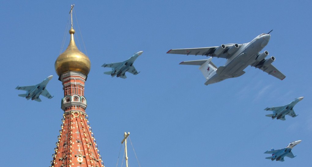 A Russian A-50 plane and Su-27 fighter jets fly over St. Basil's Cathedral during the Victory Day parade in Moscow on May 9, 2010.