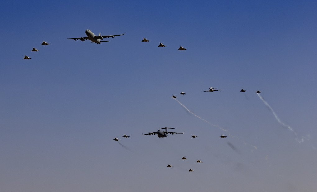 The United Arab Emirates Air Force aerobatic display team flies the fleet of Mirage 2000-9, F16 fighter jet, helicopters, and refueling aircraft at the Dubai Airshow on November 16, 2025, in Dubai, United Arab Emirates.