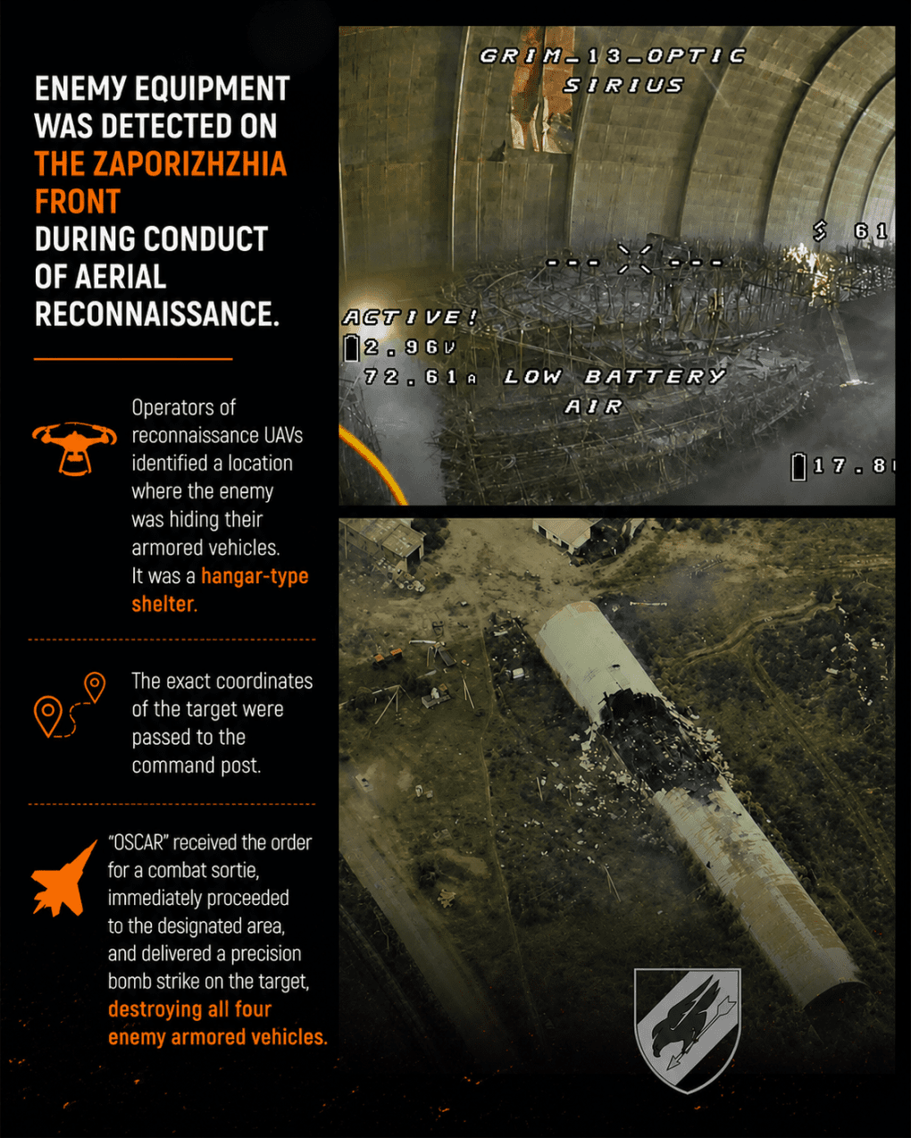 Drone imagery showing the Russian hangar used to conceal armored vehicles before and after the Ukrainian precision strike. (Source: 114th Tactical Aviation Brigade)