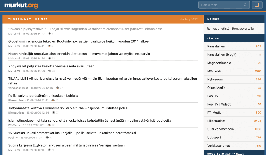 Headlines featured on Finnish news aggregator Murkut.org on September 15, 2026. One portrays Finland as being at the forefront of EU/NATO "militarization" of the Arctic "against Russia." Headlines featured on Finnish news aggregator Murkut.org on September 15, 2026. One portrays Finland as being at the forefront of EU/NATO "militarization" of the Arctic "against Russia."