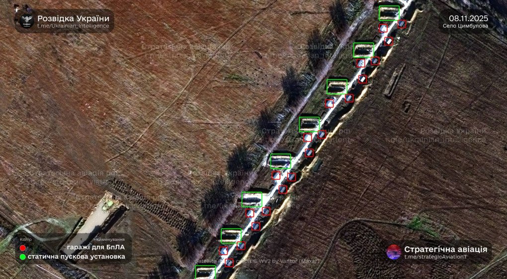 A section of the Tsymbulova site with 8 static launch pads and 20 nearby garages used to prep Shahed drones for strikes. (Source: Strategic Aviation of Russia and SZ)