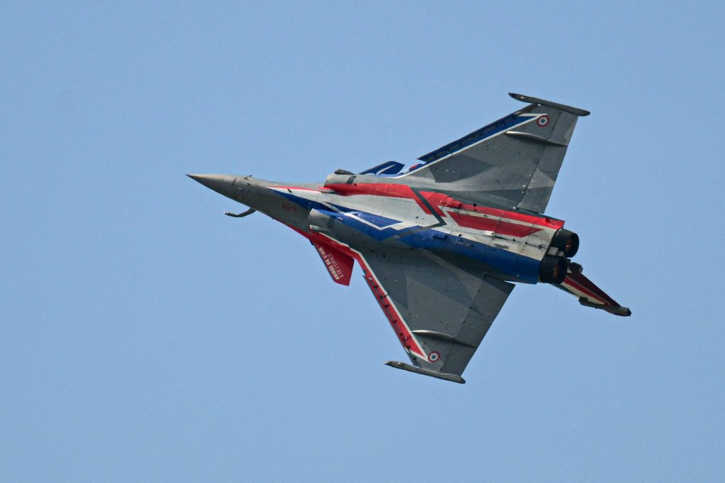 A Rafale fighter jet performs during an exhibition flight demonstration as part of the 55th edition of the International Paris Air Show at the ParisLe Bourget Airport, in Le Bourget, suburb of Paris on June 17, 2025. (Source: Getty Images)