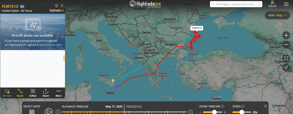 US RQ-4B Global Hawk drone, operating under the callsign FORTE10 during a surveillance mission over the Black Sea on May 17, 2025. (Source: Flightradar) US RQ-4B Global Hawk drone, operating under the callsign FORTE10 during a surveillance mission over the Black Sea on May 17, 2025. (Source: Flightradar)