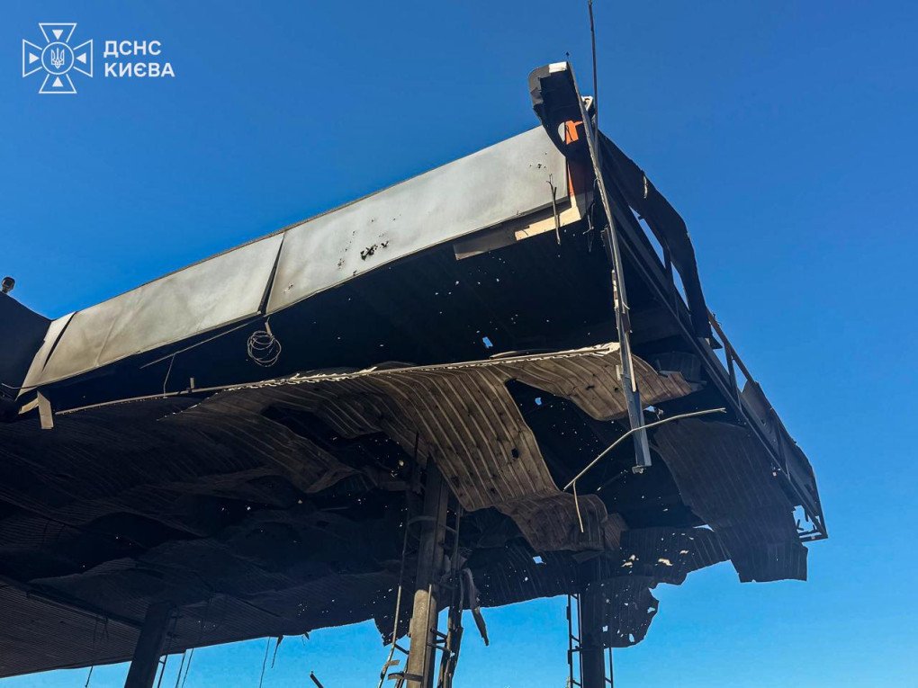 Damage to the roof of an Ukrnafta gas station following a Russian drone attack on Kyiv on September 10, 2026. (Source: State Emergency Service of Ukraine) Damage to the roof of an Ukrnafta gas station following a Russian drone attack on Kyiv on September 10, 2026. (Source: State Emergency Service of Ukraine)